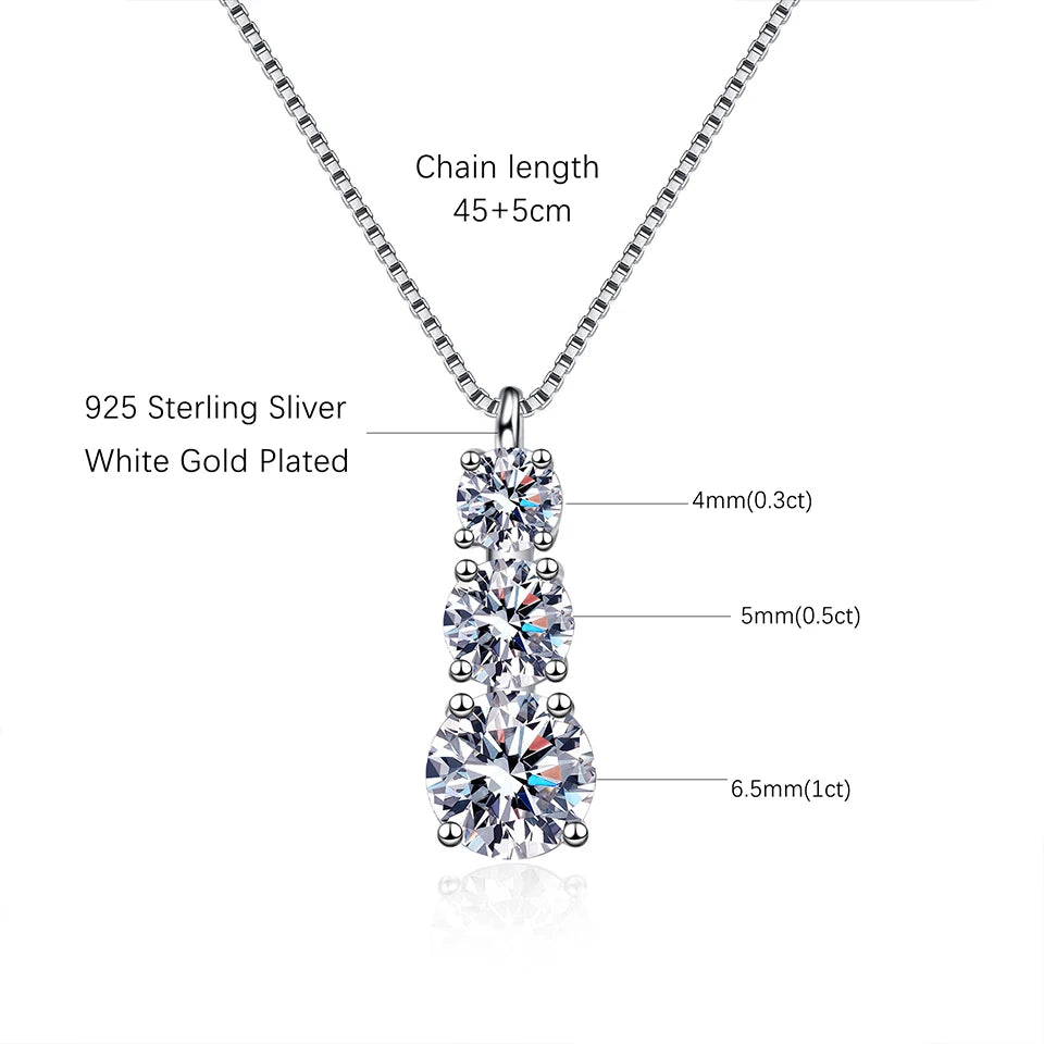 Moissanite/Zircon 3 Stone Pendant Necklace - Gold Plated