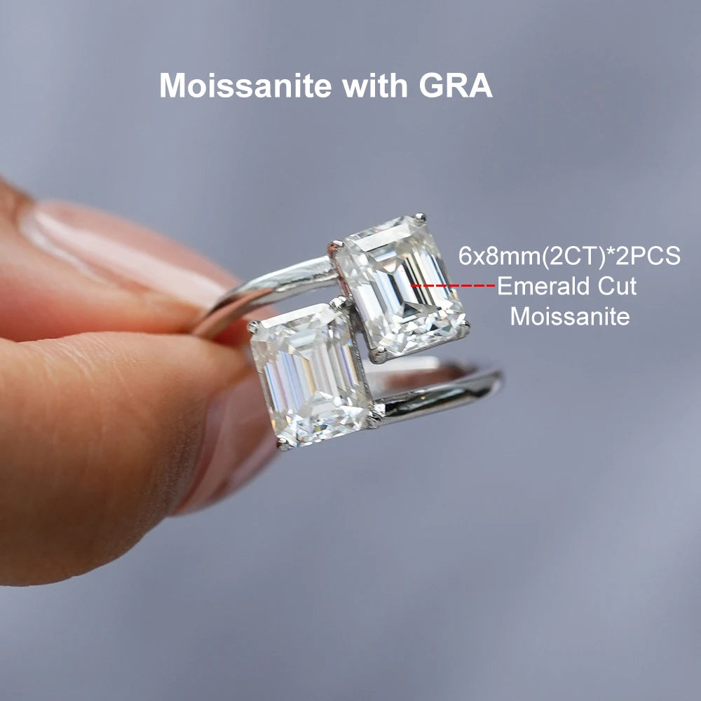 Moissanite 2 Emerald Cuts Ring - Silver