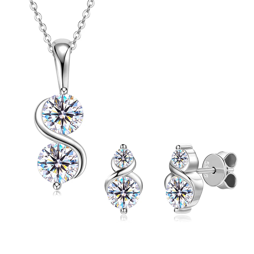 Two Moissanite Stones Pendant Necklace/Stud Earrings Jewelry Set