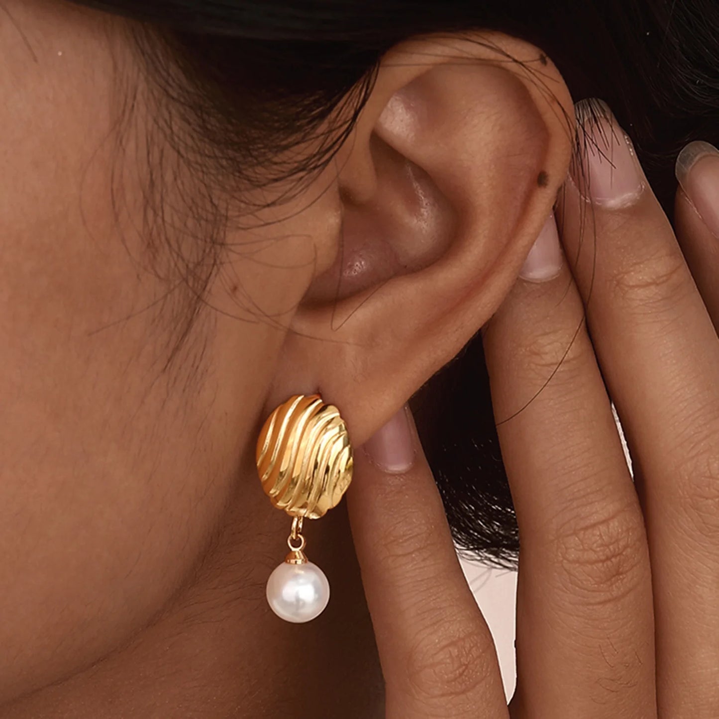 Textured Round Earrings with Pearl Dangle Charm