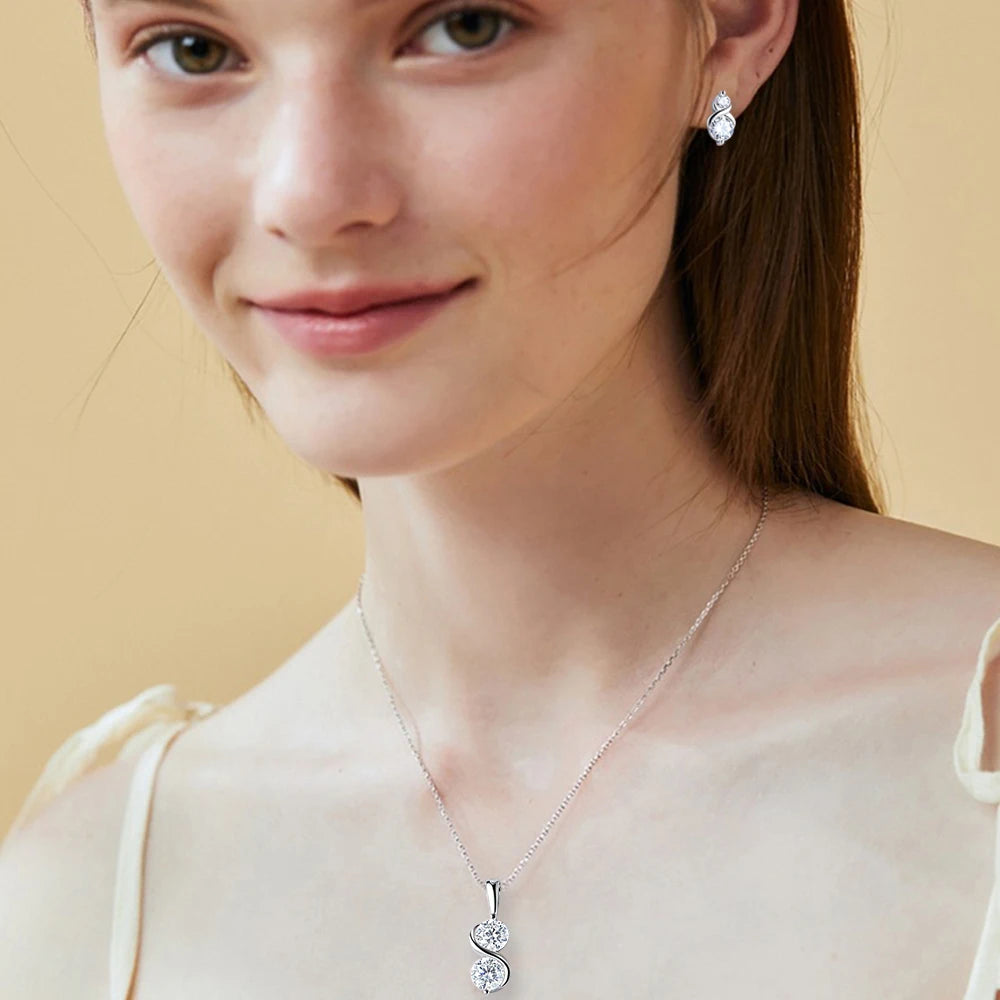Two Moissanite Stones Pendant Necklace/Stud Earrings Jewelry Set