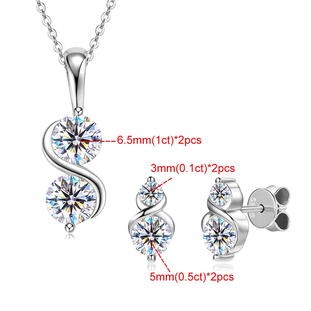 Two Moissanite Stones Pendant Necklace/Stud Earrings Jewelry Set