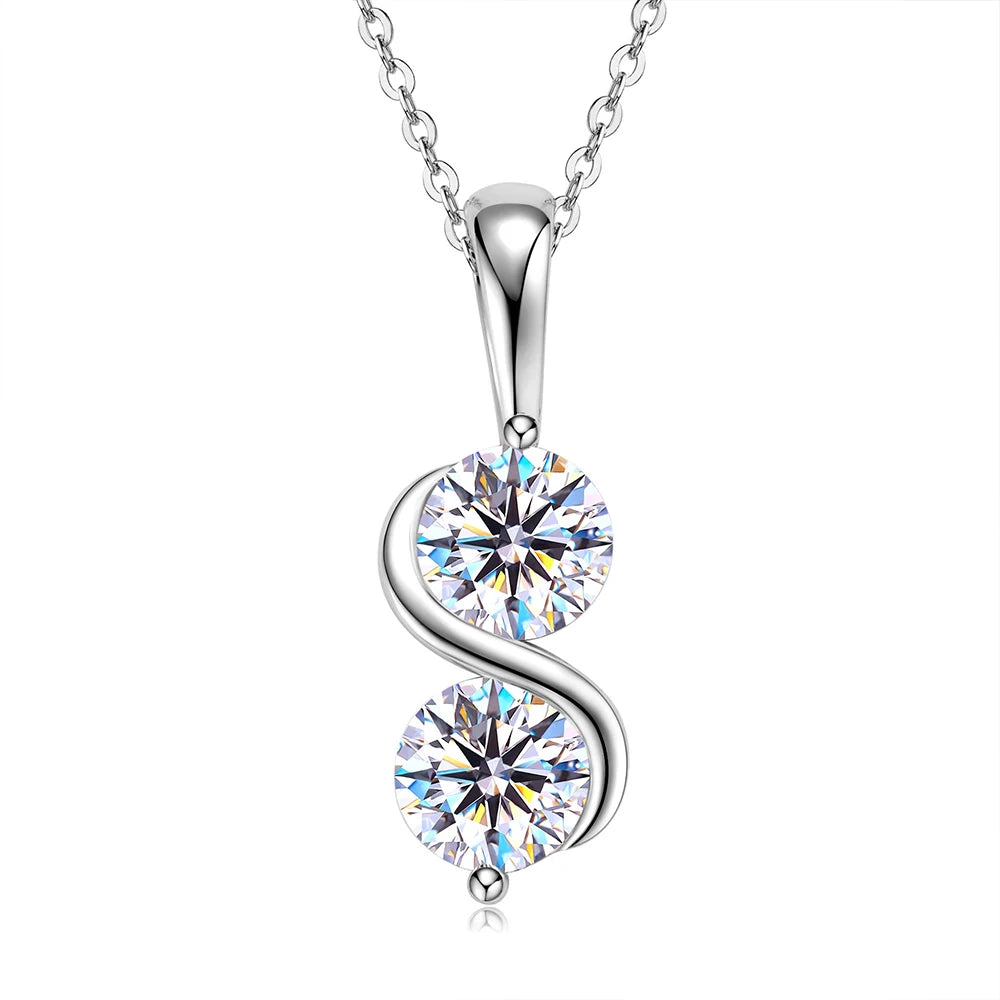 Two Moissanite Stones Pendant Necklace/Stud Earrings Jewelry Set