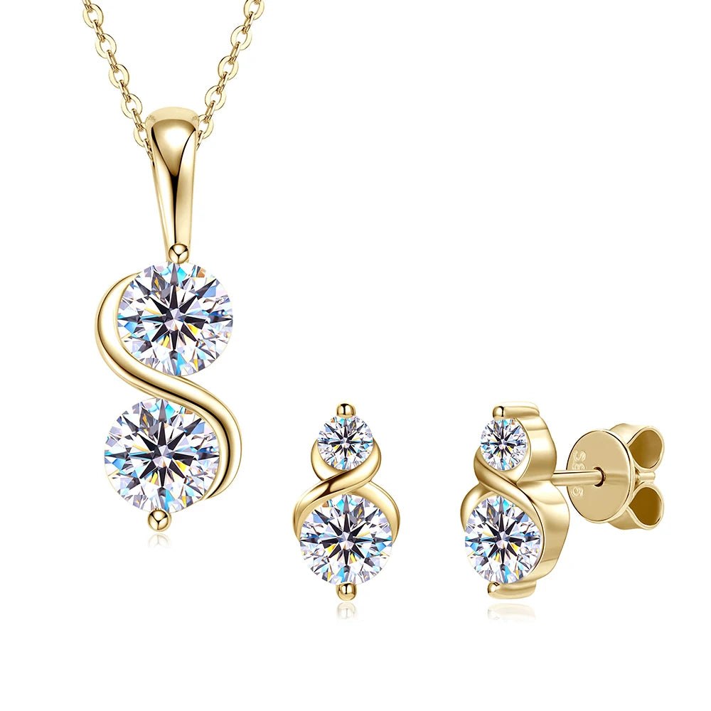 Two Moissanite Stones Pendant Necklace/Stud Earrings Jewelry Set
