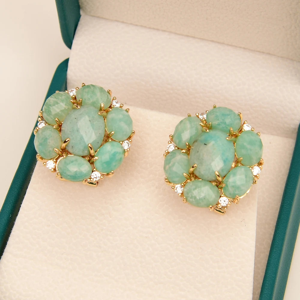 Natural Amazonite & Zirconia Flower Earrings