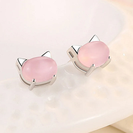 Cute Pink Cat Stud Earrings - Silver