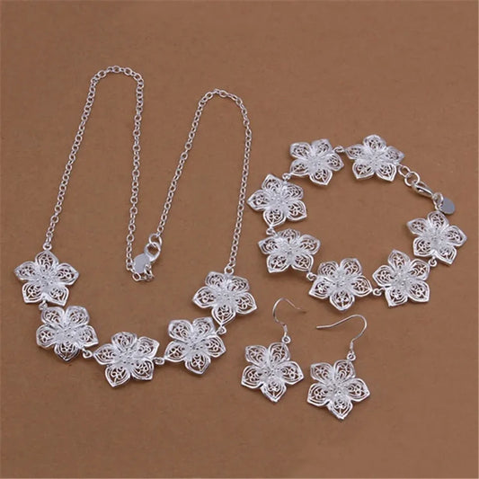 Flower Charms Jewelry Set - Silver