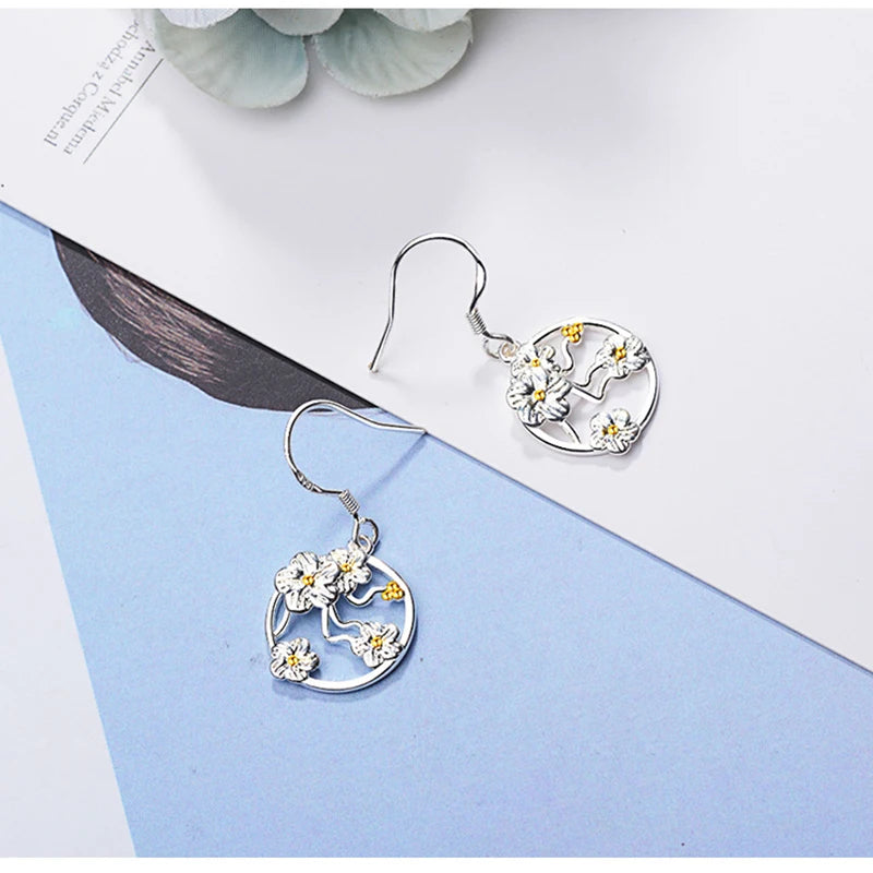 Hollow Round Flower Drop Earrings - Silver
