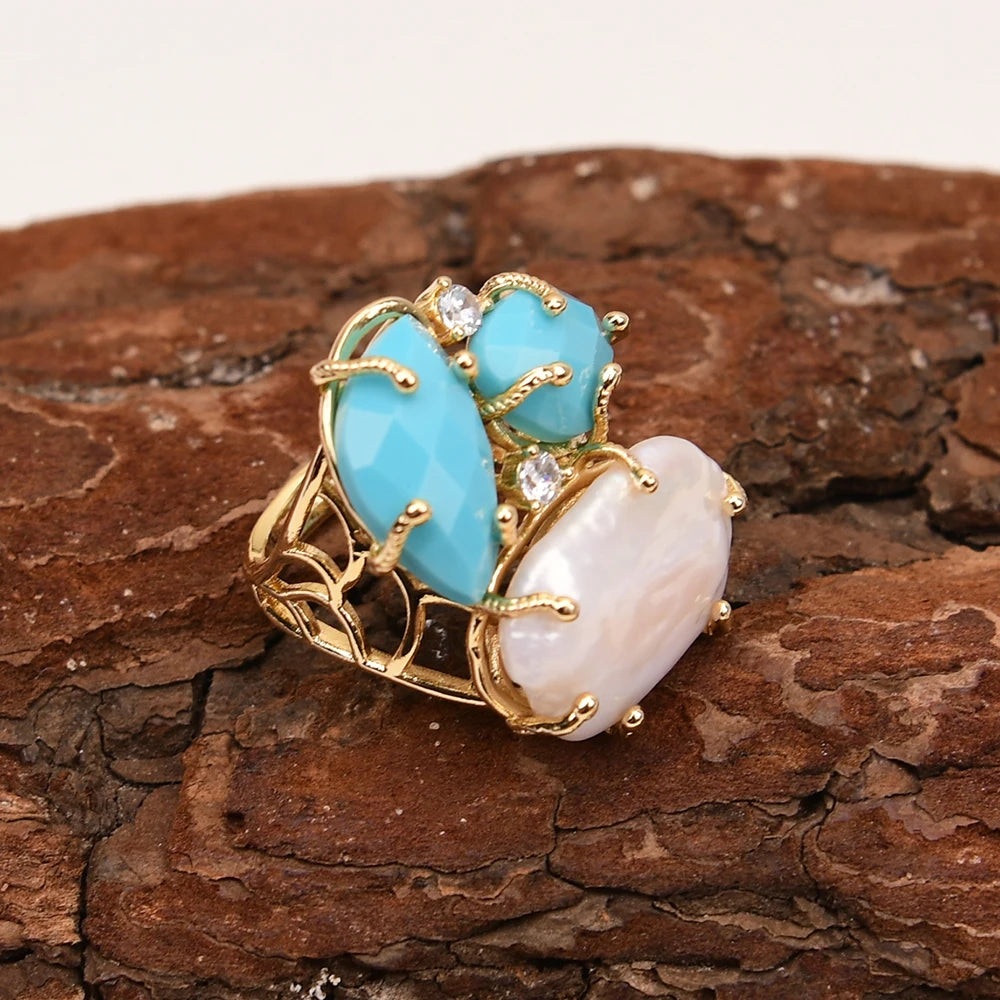 Natural Turquoise Stones and White Keshi Pearl Ring