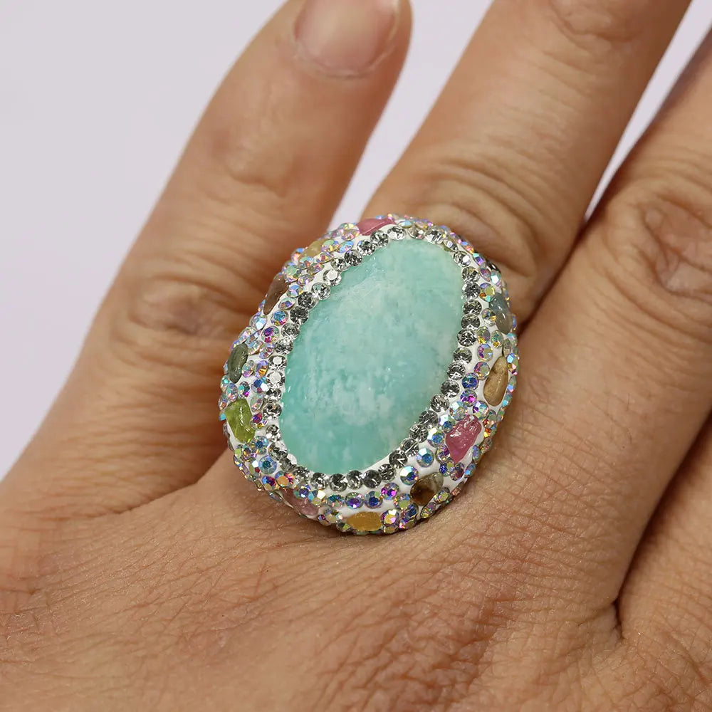 Blue Amazonite and Tourmaline Stones Ring