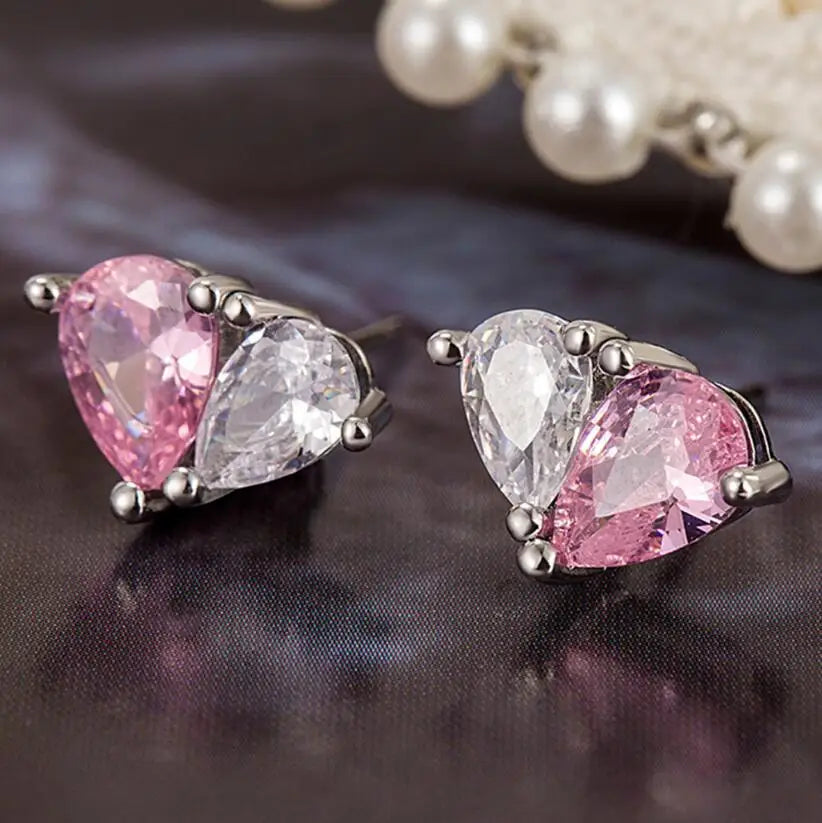 Pear Cut Pink & Zircon Heart Studs Earrings  - Silver