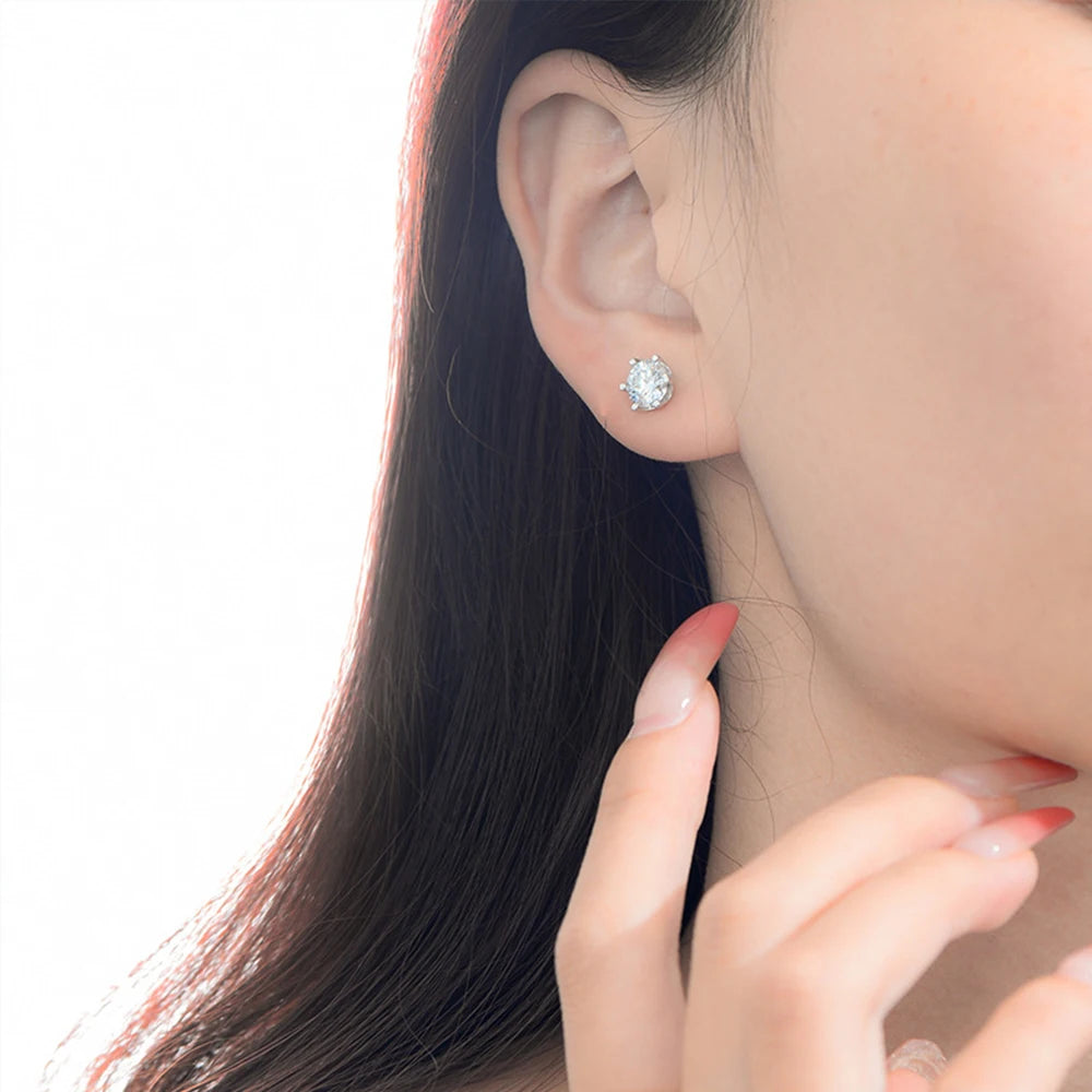 Moissanite Unisex Round Cut Stud Earrings - Silver