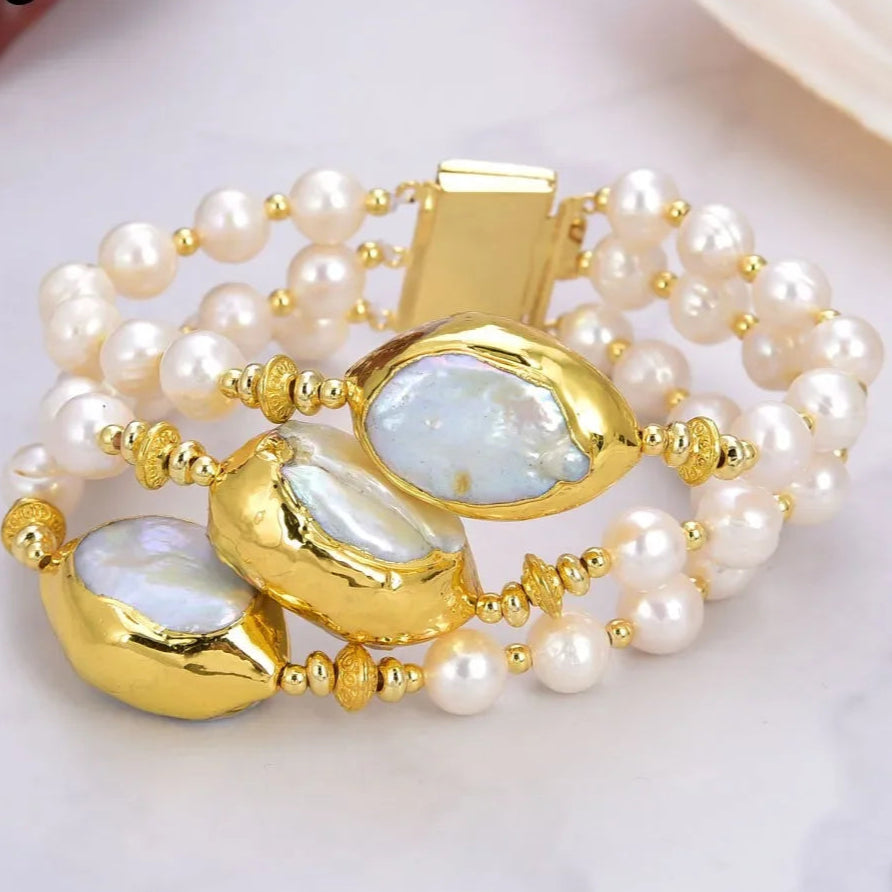 Natural Freshwater White Keshi Pearls Bracelet