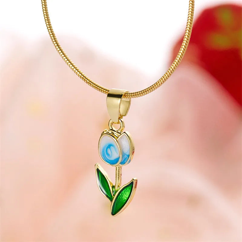 Elegant Enamel Tulip Flower Pendant Necklace
