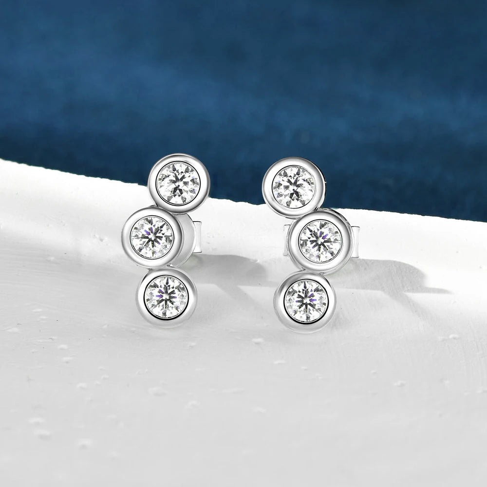 Moissanite Three Stone Bubble Earrings - Silver