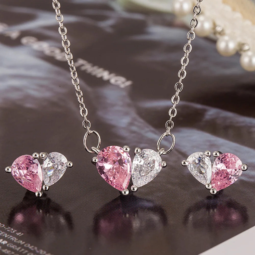 Pear Cut Pink & Zircon Heart Studs Earrings  - Silver