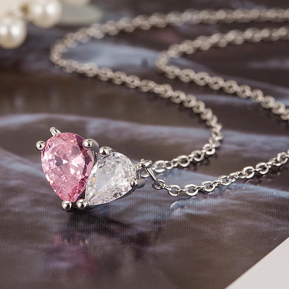 Pear Cut Pink & Zircon Heart Necklace - Silver