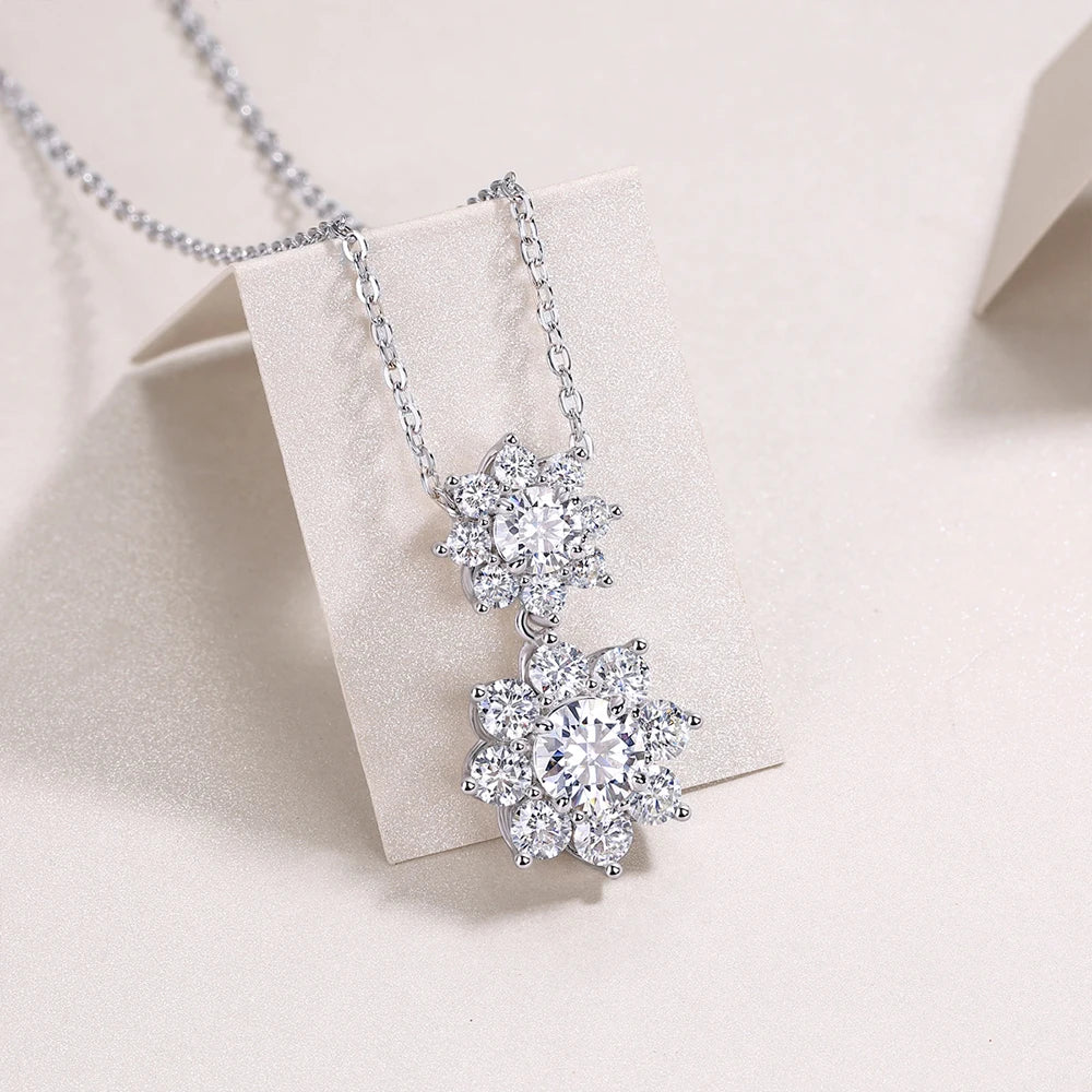 Moissanite Double Sunflower Necklace - Silver