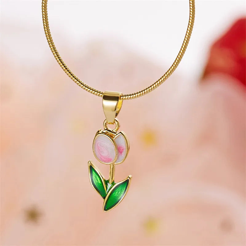 Elegant Enamel Tulip Flower Pendant Necklace