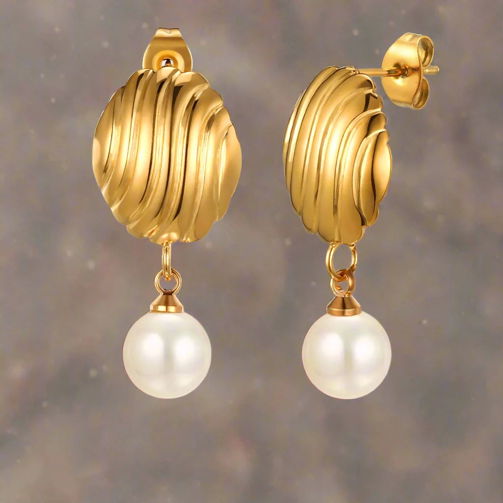 Textured Round Earrings with Pearl Dangle Charm