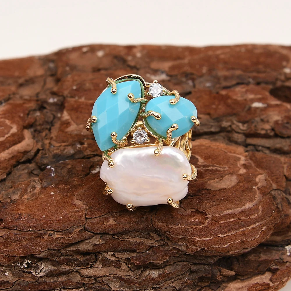 Natural Turquoise Stones and White Keshi Pearl Ring