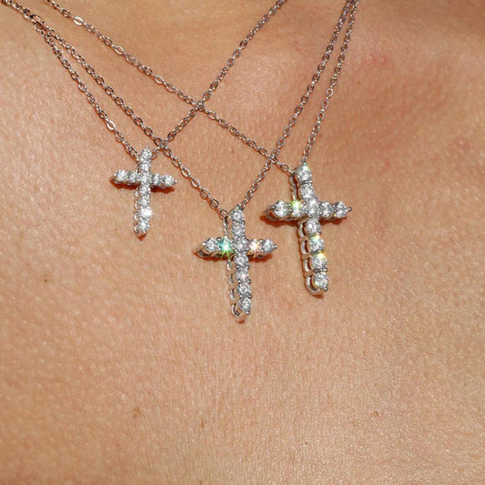 Moissanite Cross Pendant Necklace - Silver