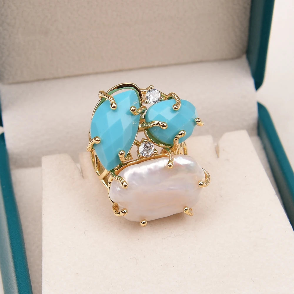 Natural Turquoise Stones and White Keshi Pearl Ring