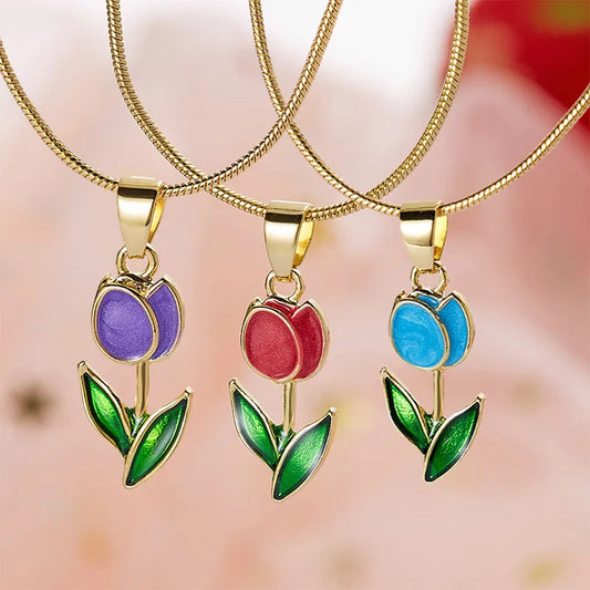 Elegant Enamel Tulip Flower Pendant Necklace