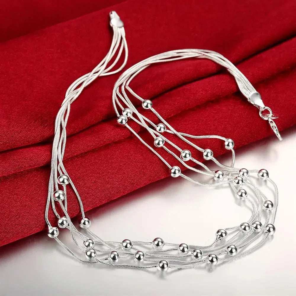Five Chain Beads Necklace and Bracelet Set - Silver