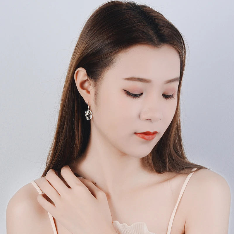 Hollow Round Flower Drop Earrings - Silver