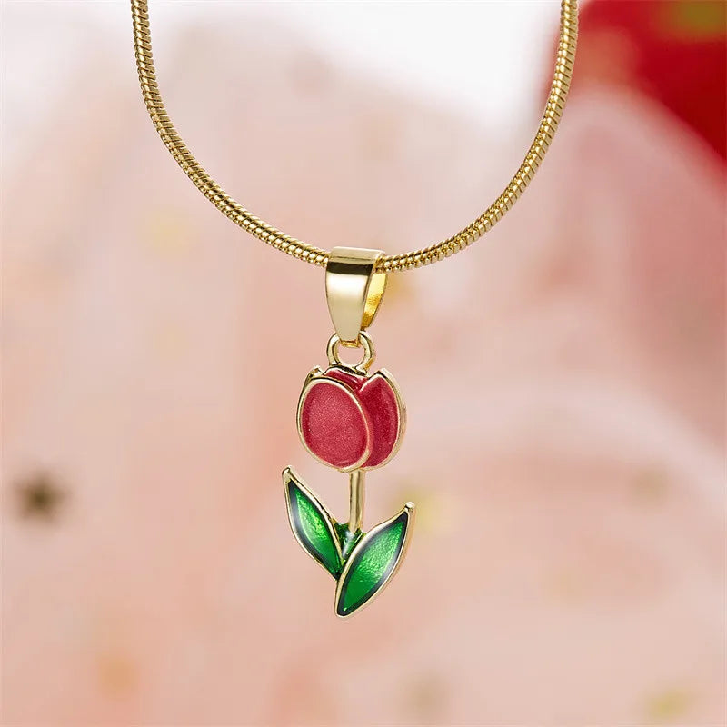 Elegant Enamel Tulip Flower Pendant Necklace