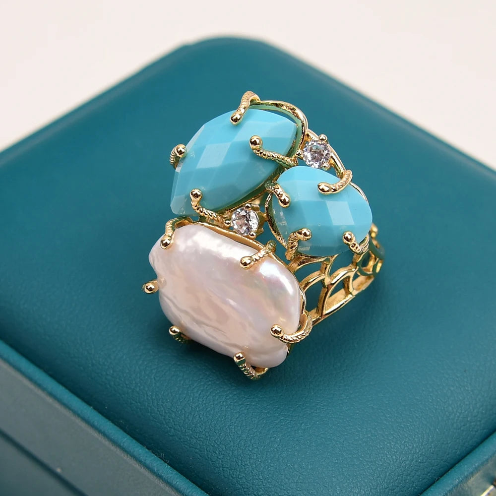 Natural Turquoise Stones and White Keshi Pearl Ring