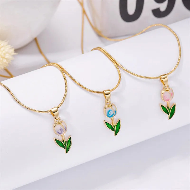 Elegant Enamel Tulip Flower Pendant Necklace