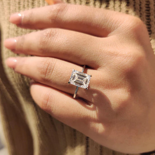 Moissanite 4Ct Emerald Cut Ring - Silver