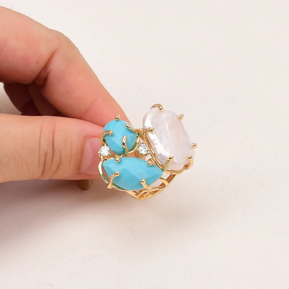 Natural Turquoise Stones and White Keshi Pearl Ring