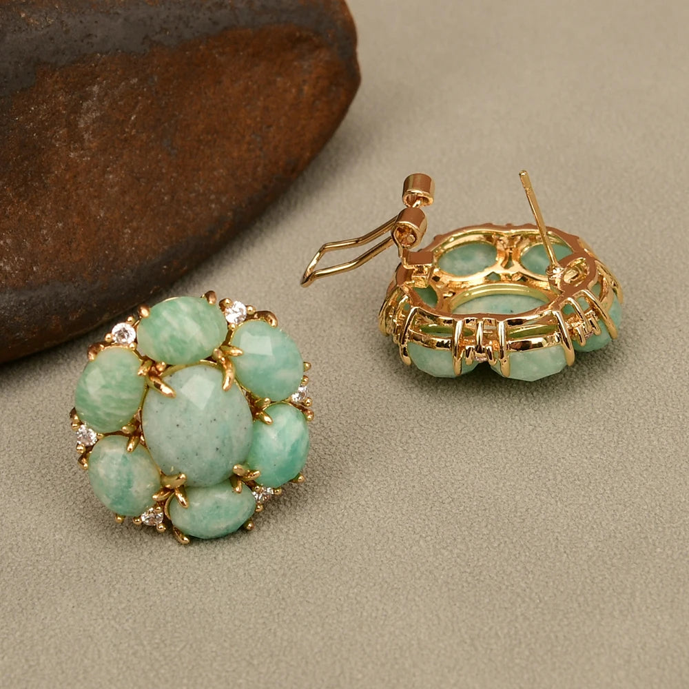 Natural Amazonite & Zirconia Flower Earrings