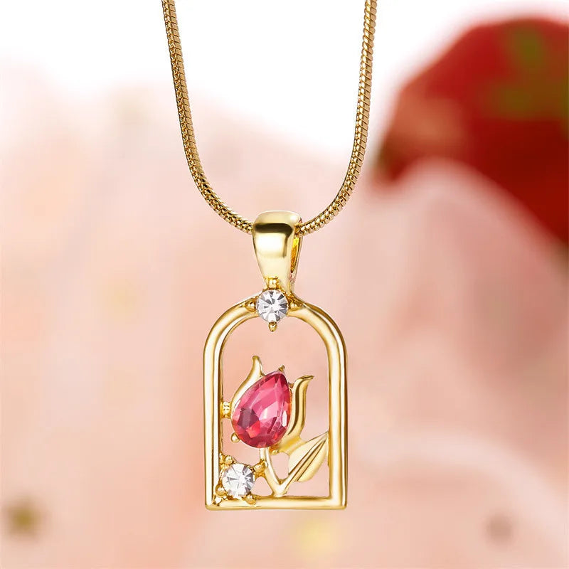 Elegant Enamel Tulip Flower Pendant Necklace