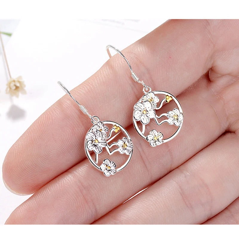 Hollow Round Flower Drop Earrings - Silver
