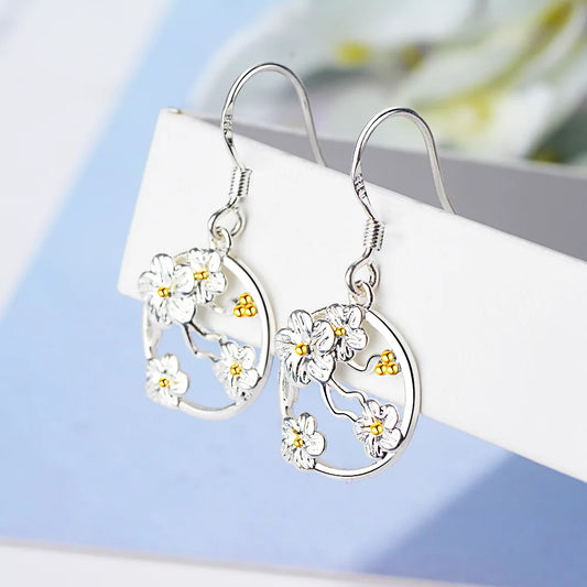 Hollow Round Flower Drop Earrings - Silver