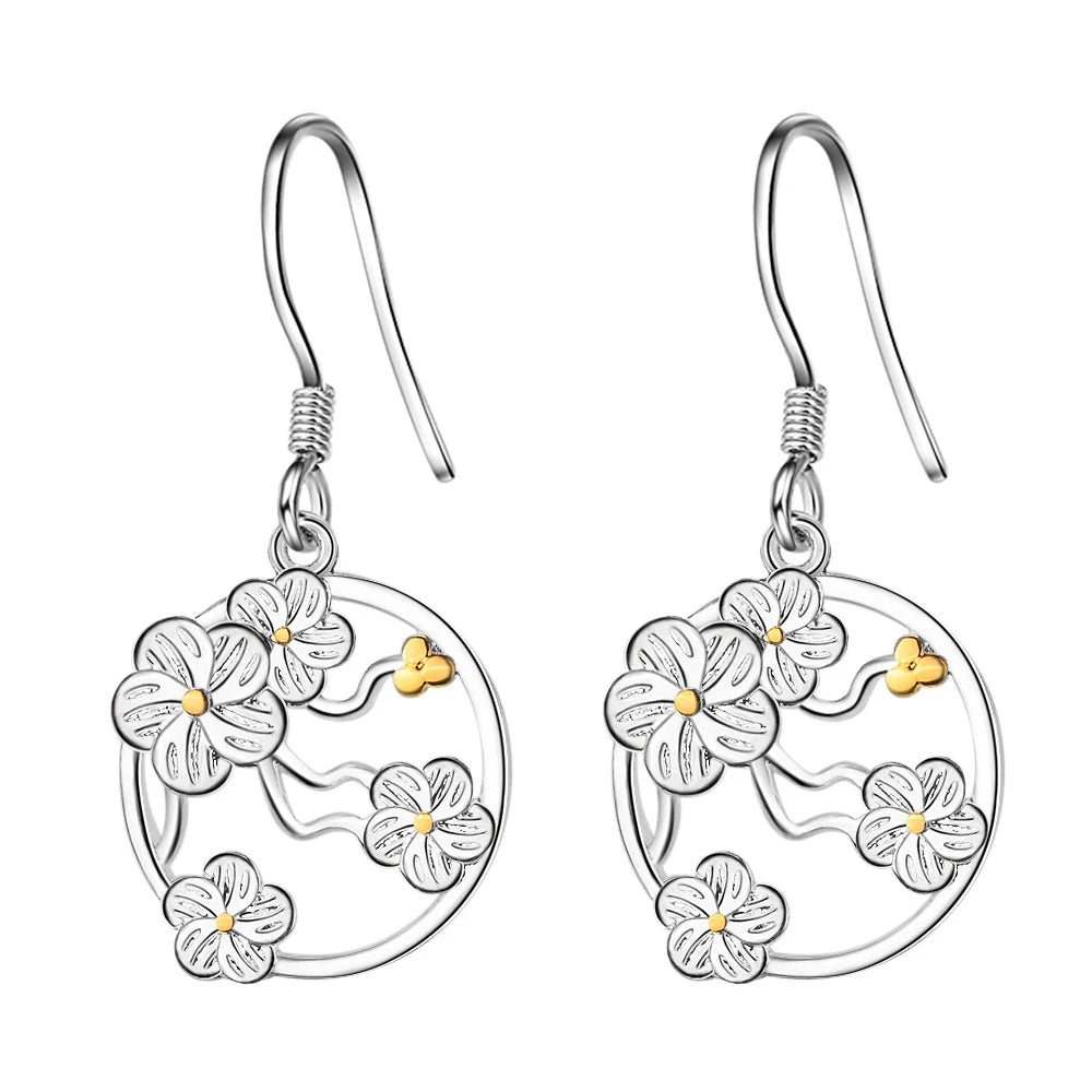 Hollow Round Flower Drop Earrings - Silver