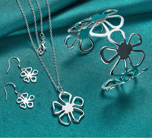 Flower Jewelry Set - Silver