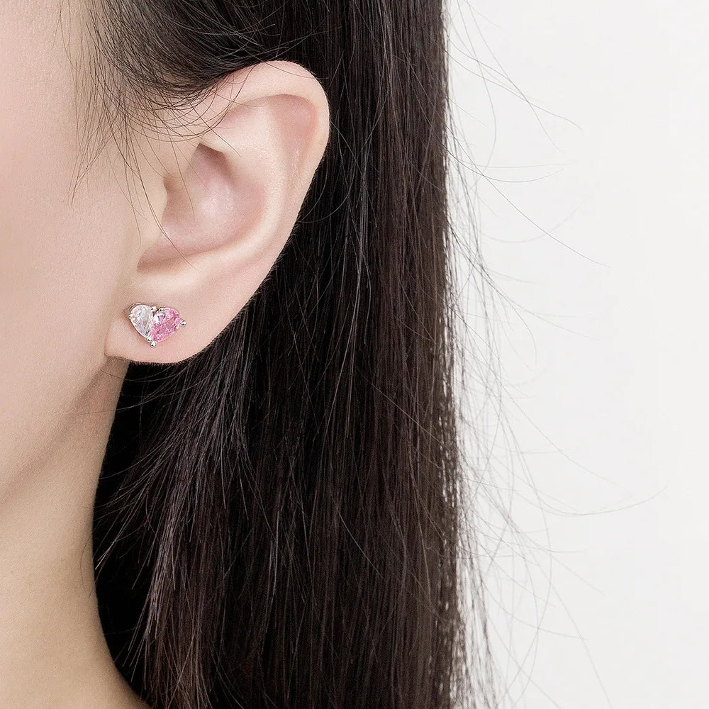 Pear Cut Pink & Zircon Heart Studs Earrings  - Silver