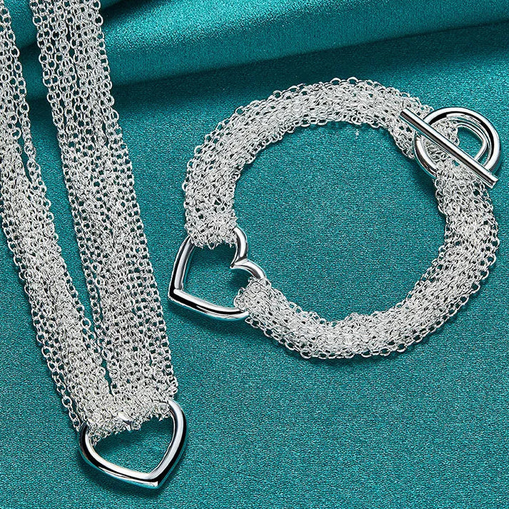 Multi Chain Heart Jewelry Set - Silver
