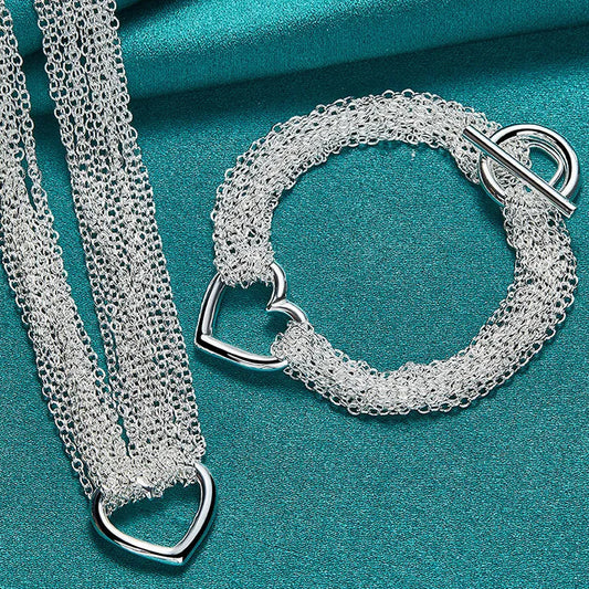 Multi Chain Heart Jewelry Set - Silver
