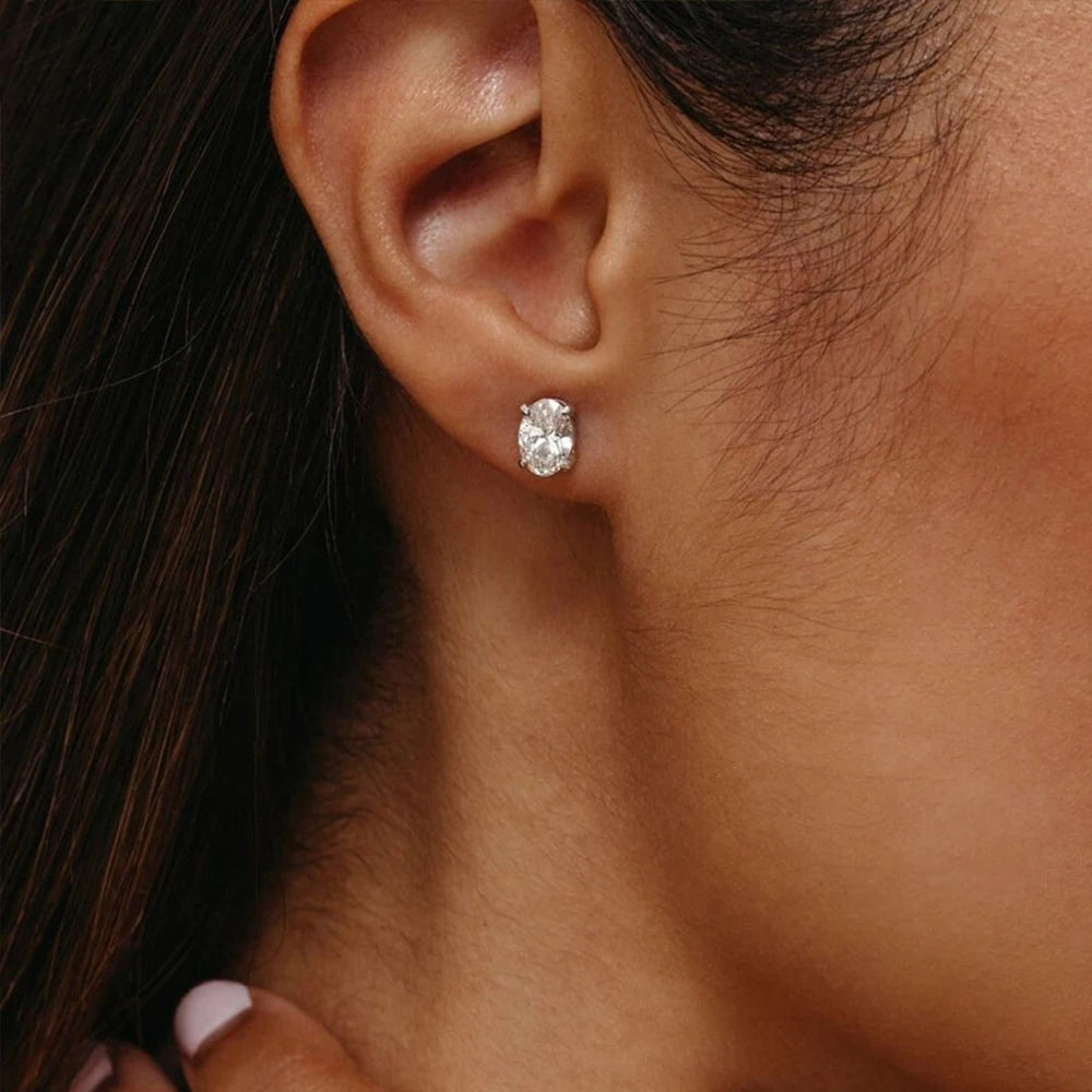 Oval Cut Moissanite Stud Earrings - Silver