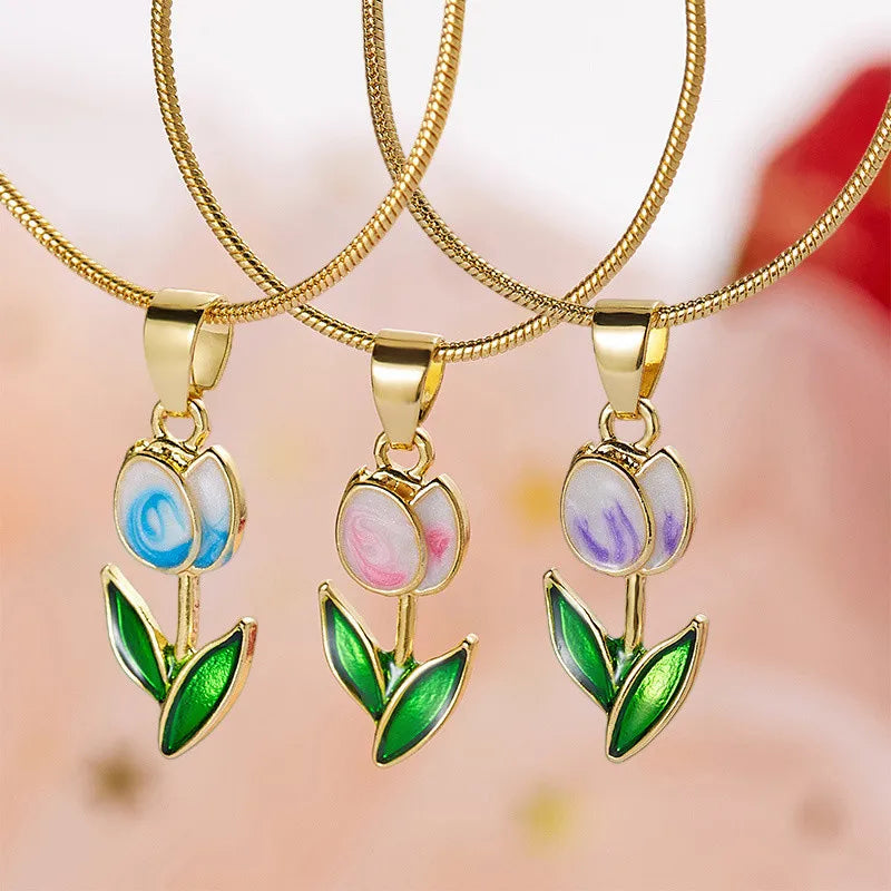 Elegant Enamel Tulip Flower Pendant Necklace