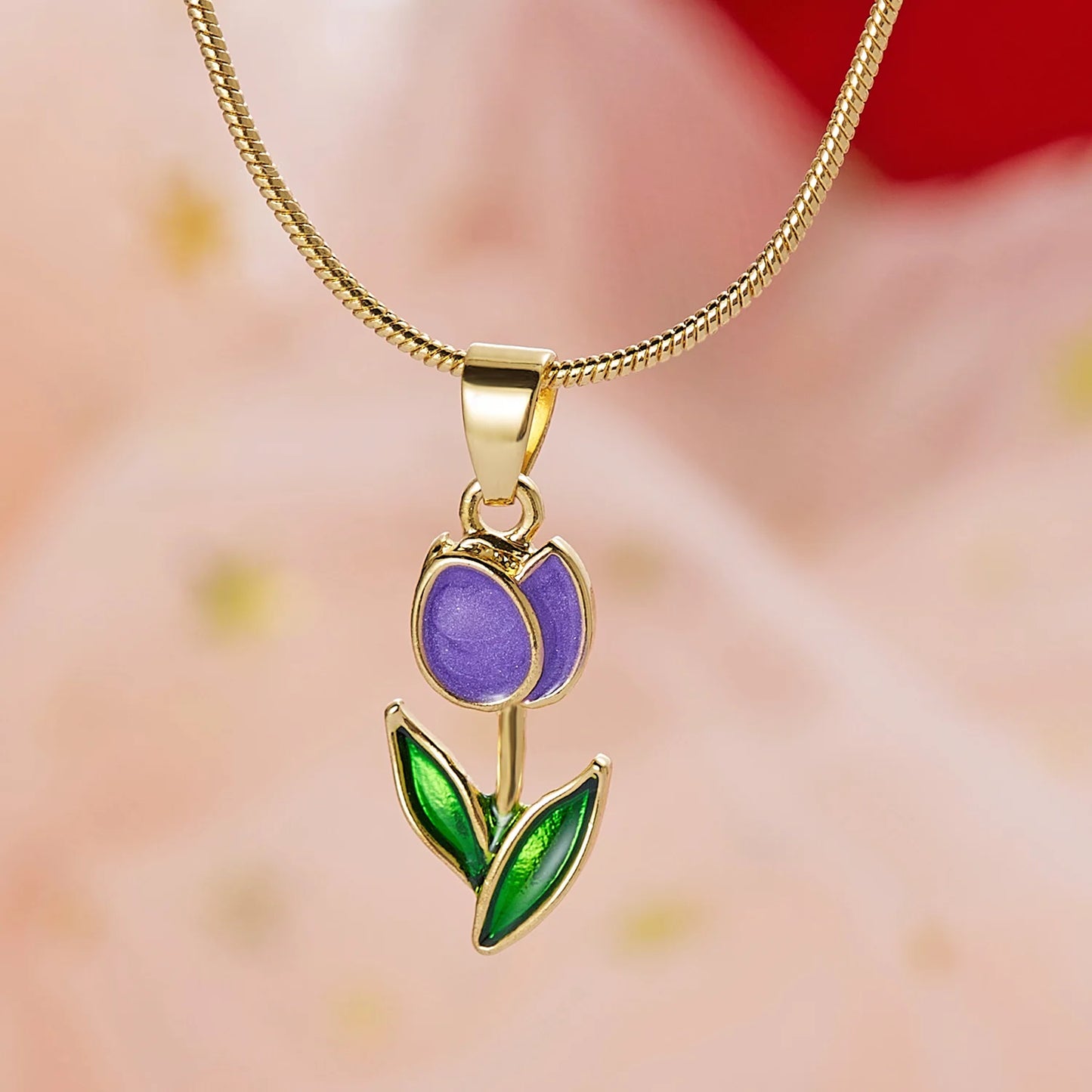 Elegant Enamel Tulip Flower Pendant Necklace