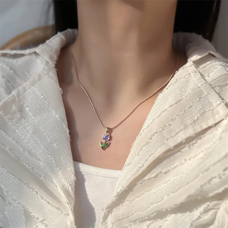 Elegant Enamel Tulip Flower Pendant Necklace
