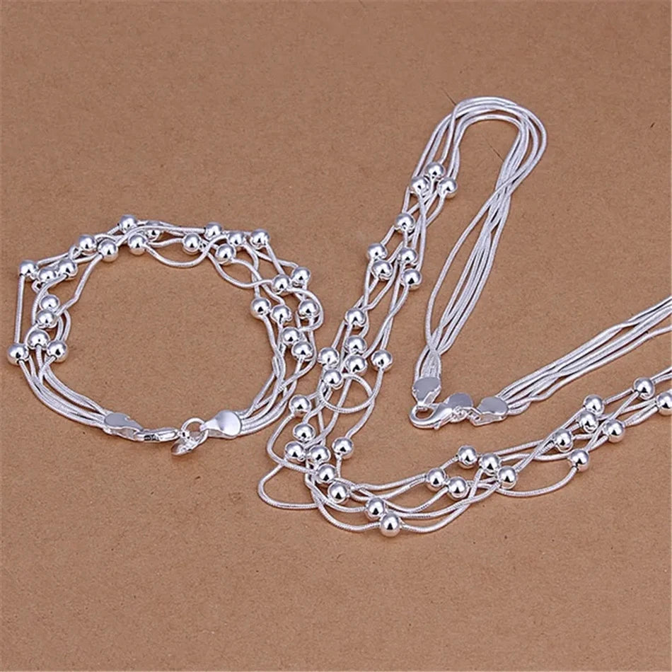Five Chain Beads Necklace and Bracelet Set - Silver