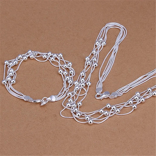 Five Chain Beads Necklace and Bracelet Set - Silver